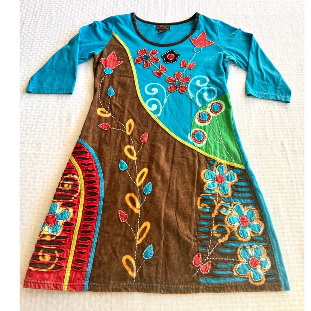 Rising International Boho Patchwork Floral Tunic Dress Teal Brown Small Nepal